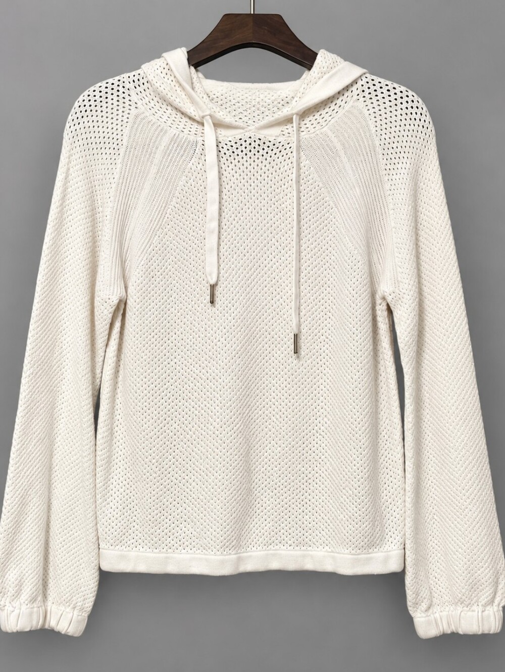 Cable & Gauge Women's M White Open Knit Hooded Pullover Sweater Lightweight